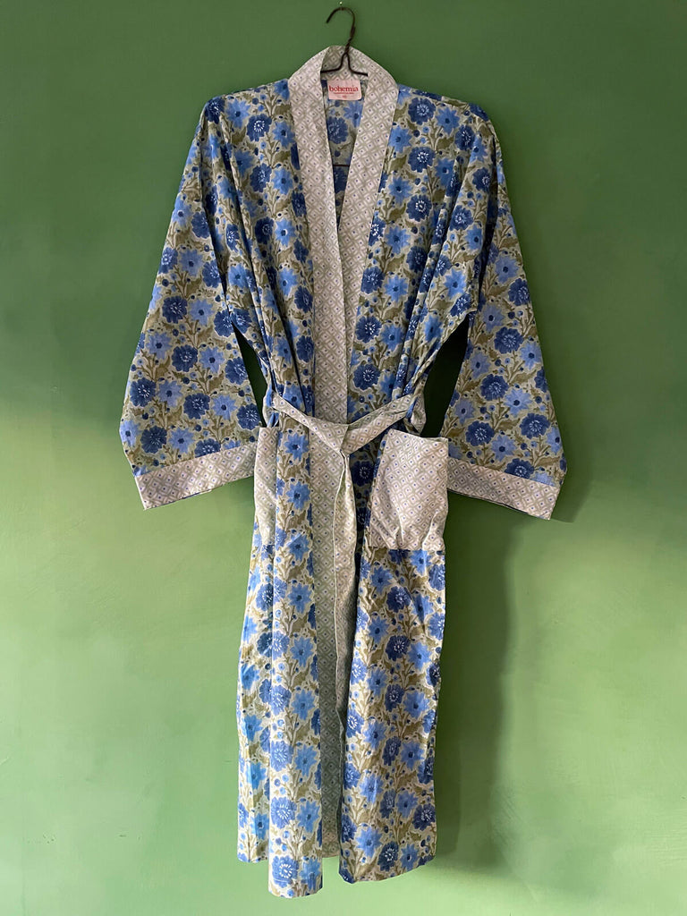 Beautiful cotton robe sage green with cornflower blue and indigo blooms, pockets and a matching belt by Bohemia 