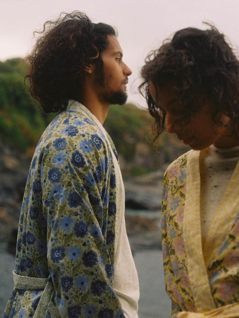 Male model wearing a sage block print robe by Bohemia