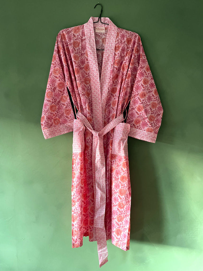 Stylish cotton robe in vintage pink, sun-faded terracotta, and dusty rose, with pockets and a matching belt by Bohemia 