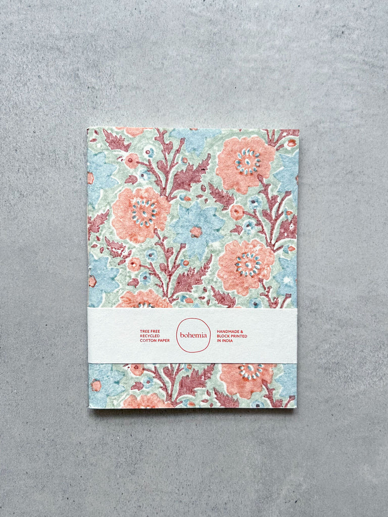 Cotton paper notebook in Duck Egg with a delicate terracotta and blue floral hand block printed cover | Bohemia