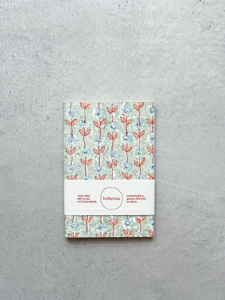 Cotton paper notebook in subtle green with a garland floral pattern hand-block printed on the cover| Bohemia