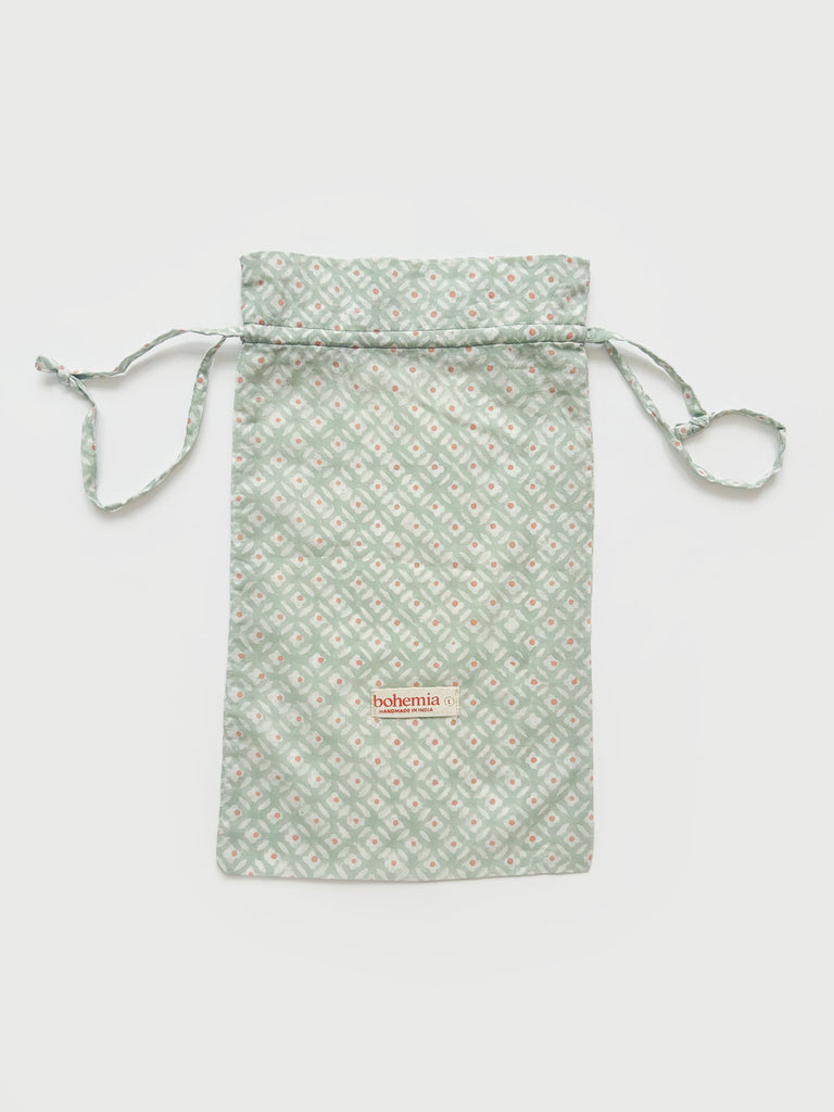 Cotton voile drawstring bag in soft Duck Egg with Bohemia small label on the front.