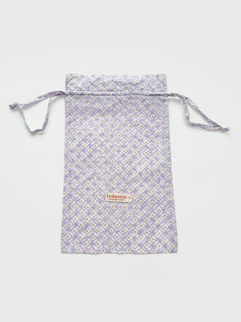 Cotton voile drawstring bag in light Lilac with Bohemia small label.