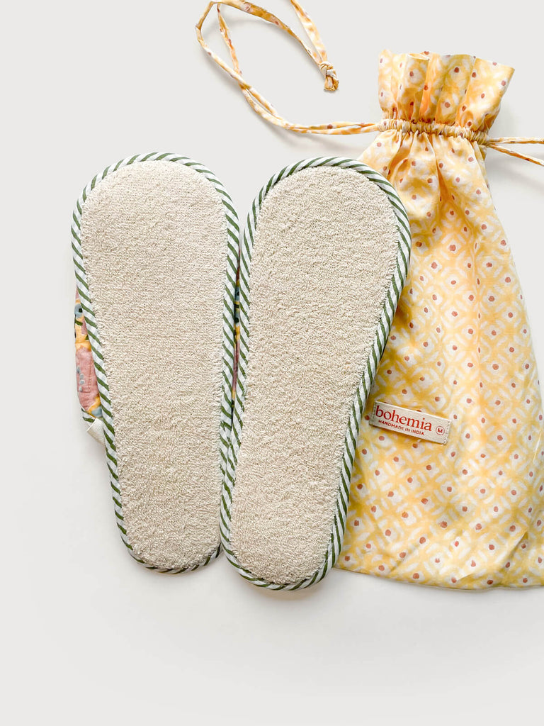 Lightweight carpet slippers with a natural towelling fabric sole, paired with a buttermilk yellow cotton voile drawstring bag | Bohemia