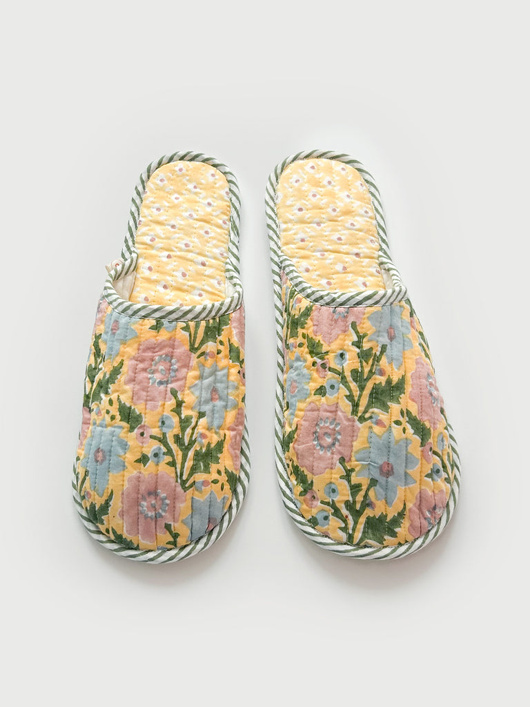 Bohemia house slipper with Floribunda block print in buttermilk yellow, soft pink, blue and green.