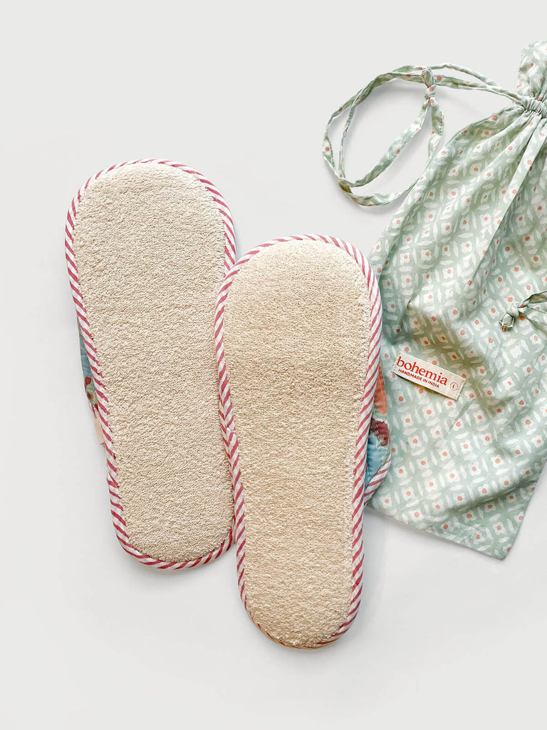 Lightweight carpet slippers with a natural towelling fabric sole, paired with a subtle green-blue cotton voile drawstring bag | Bohemia