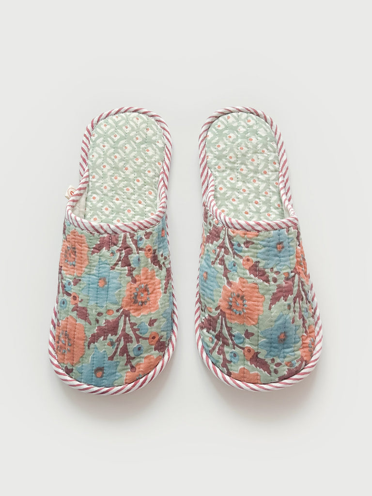 Bohemia comfy house slippers with Floribunda block print pattern in duck egg, sun-faded terracotta, pink and dusty blue.