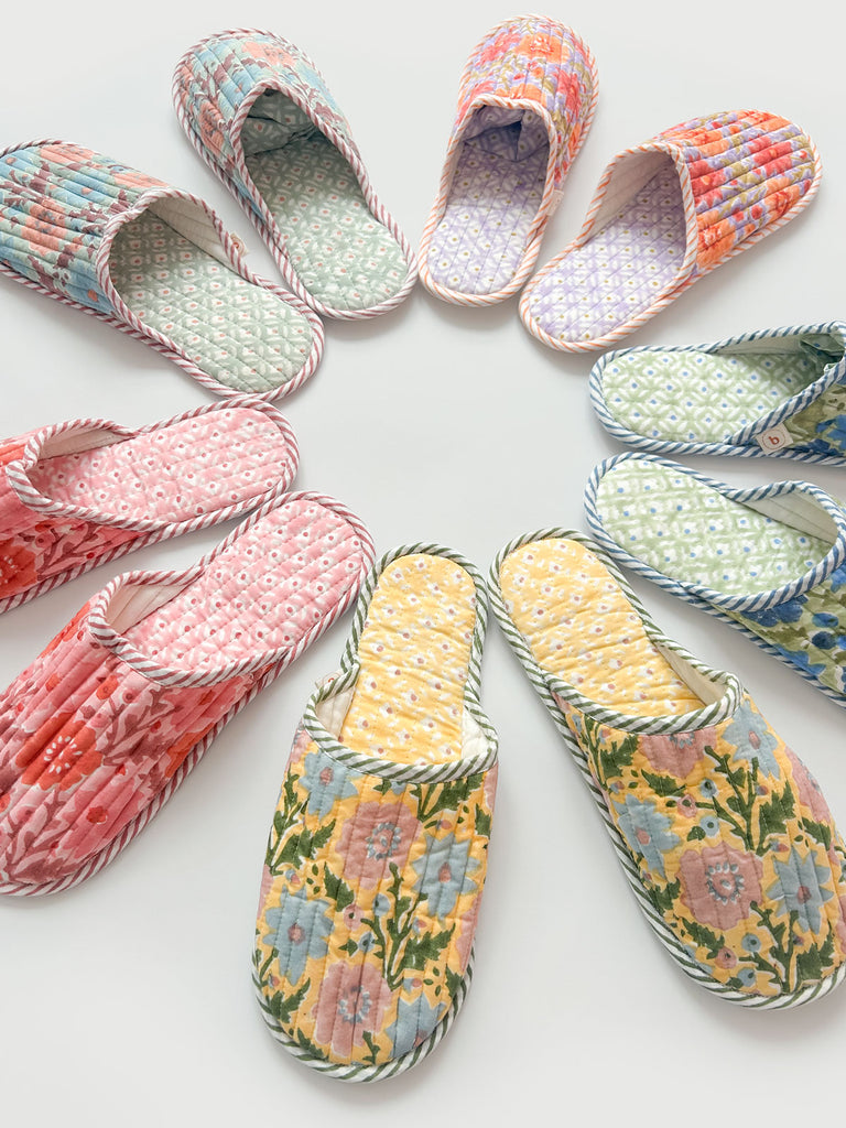 An array of colourful block print house slippers with beautiful floral patterns by Bohemia Design