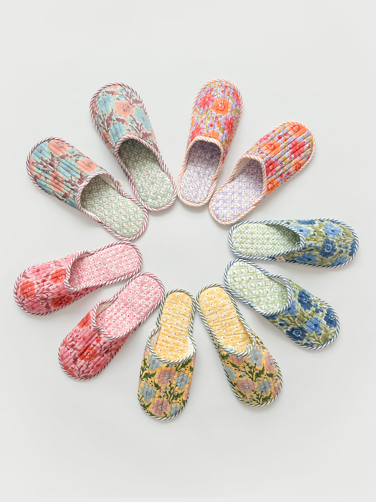 An array of colourful block print house slippers with beautiful floral patterns by Bohemia Design