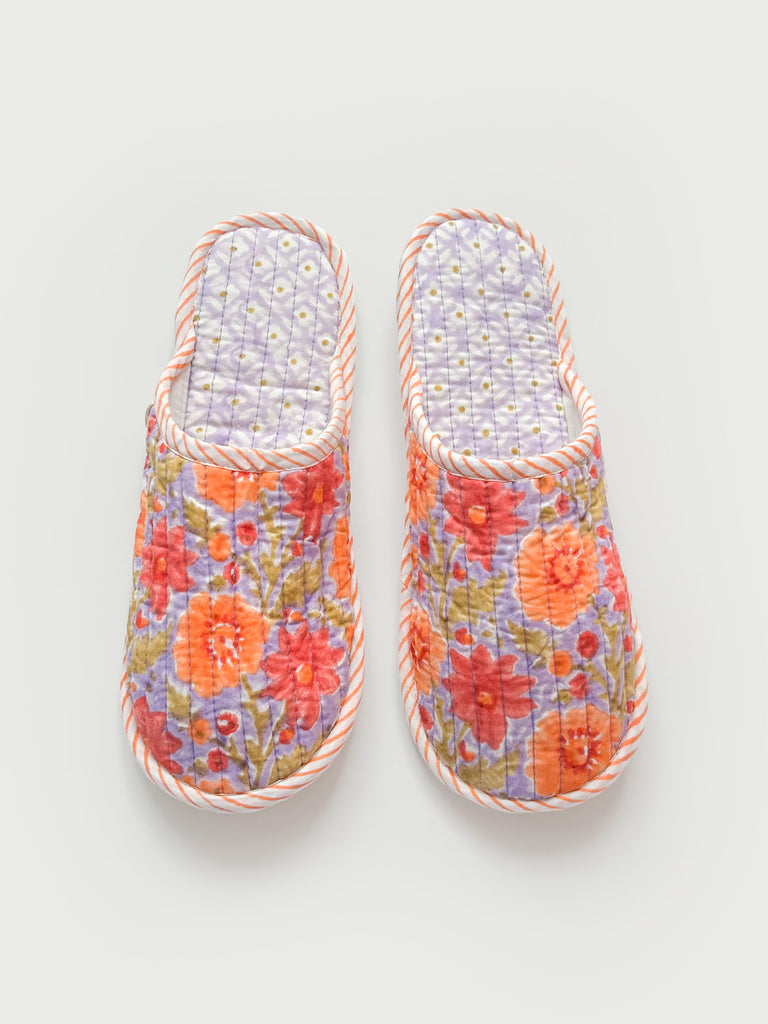 Bohemia comfy house slippers with Floribunda block print pattern in lilac, orange, muted terracotta, and warm green.