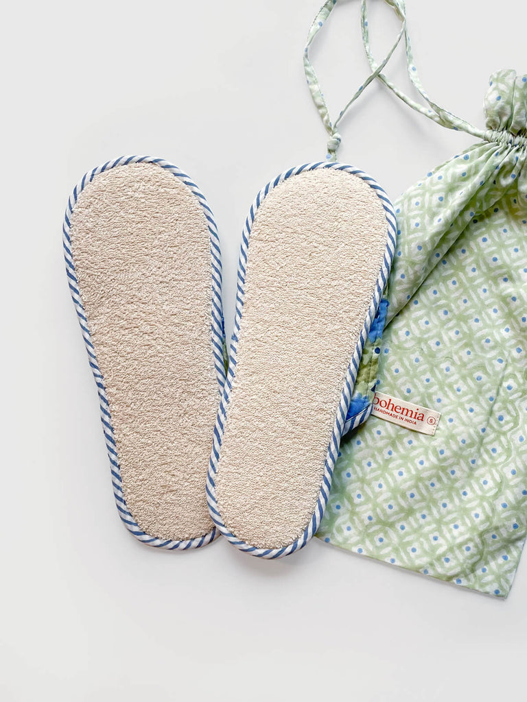 Lightweight carpet slippers with a natural towelling fabric sole, paired with a sage green cotton voile drawstring bag | Bohemia