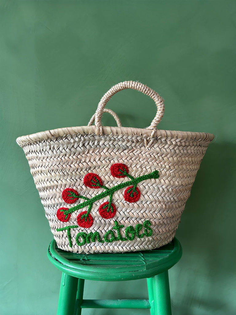 French style market basket bag with small handles featuring an embroidered tomato illustration and accompanying text | Bohemia Design