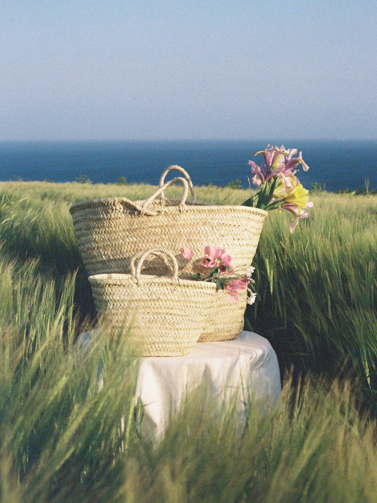 A medium and small Market Basket filled with flowers by the sea