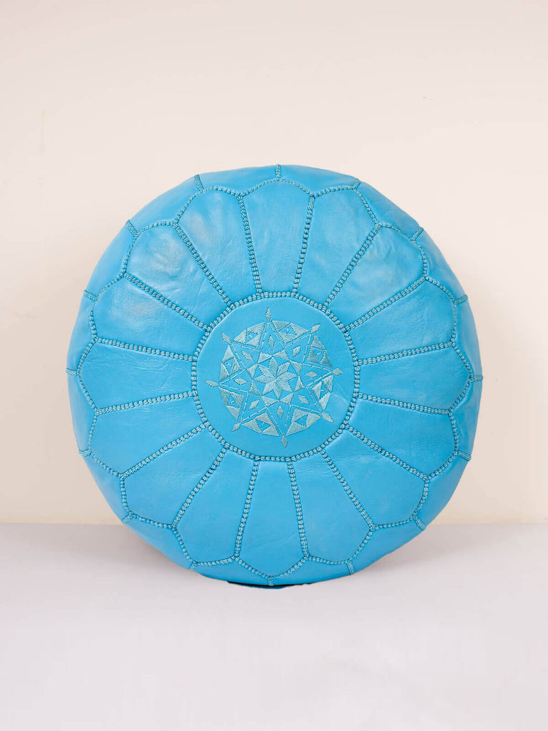 Handcrafted Moroccan Leather Pouffe in bright Aegean Blue by Bohemia Design in star stitch pattern