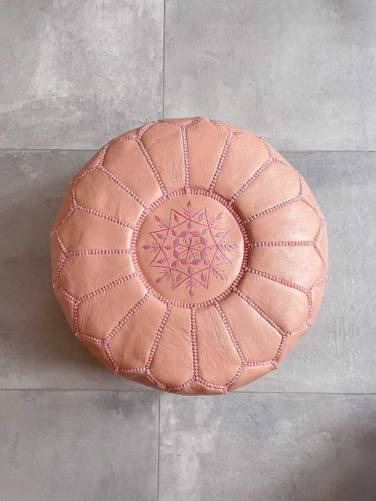 Moroccan leather pouffe with hand-embroidered star detail in ballet pink by Bohemia Design