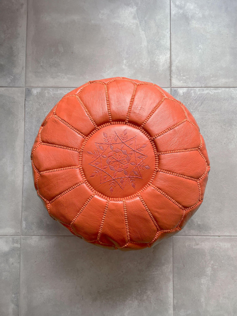 Moroccan leather pouffe in deep orange | Bohemia Design