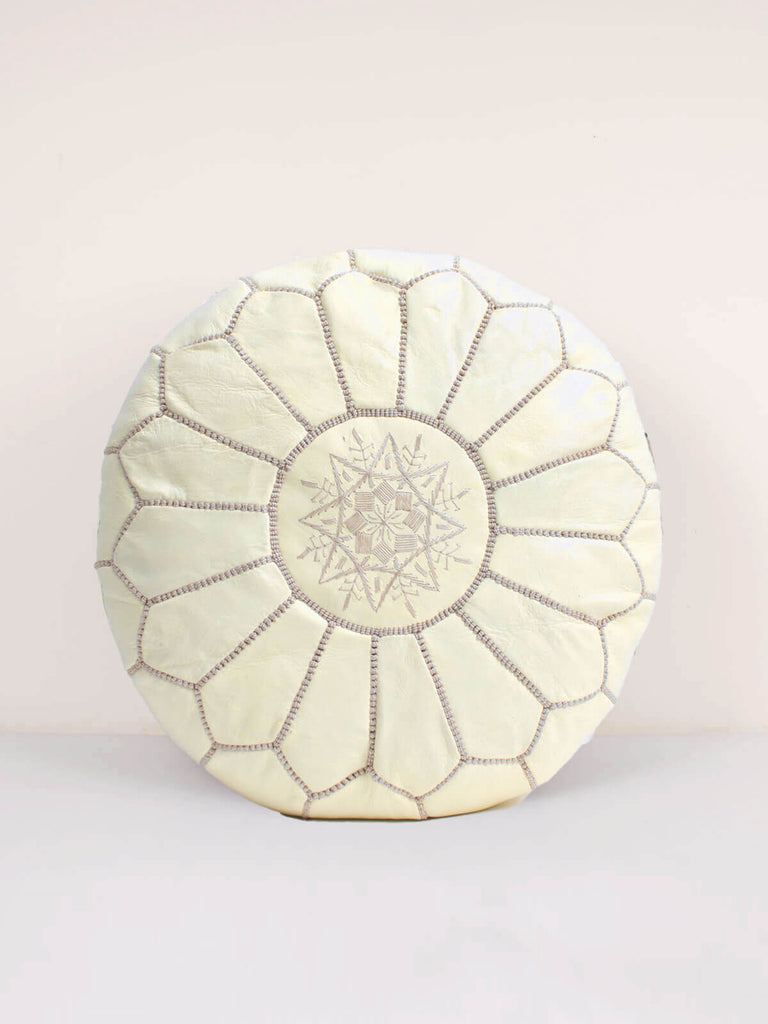 Moroccan leather pouffe in pale lemon with traditional hand embroidered details