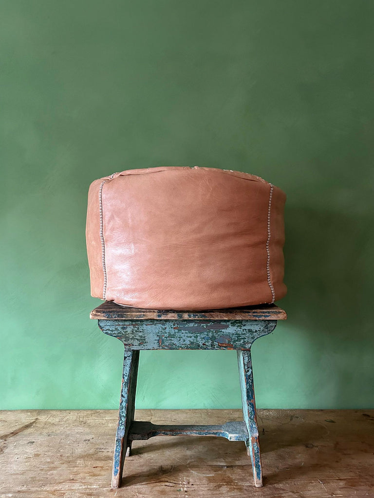 Authentic Moroccan natural leather tile pouffe - side view