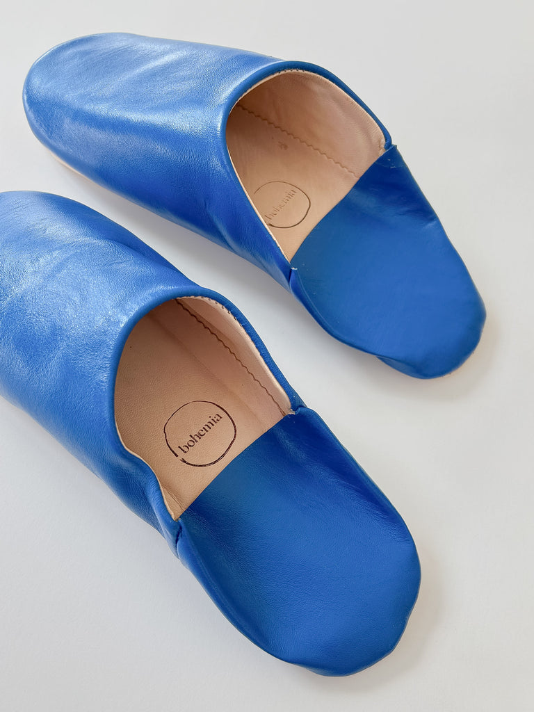 Men's classic, soft soled leather babouche slippers in Majorelle Blue by Bohemia