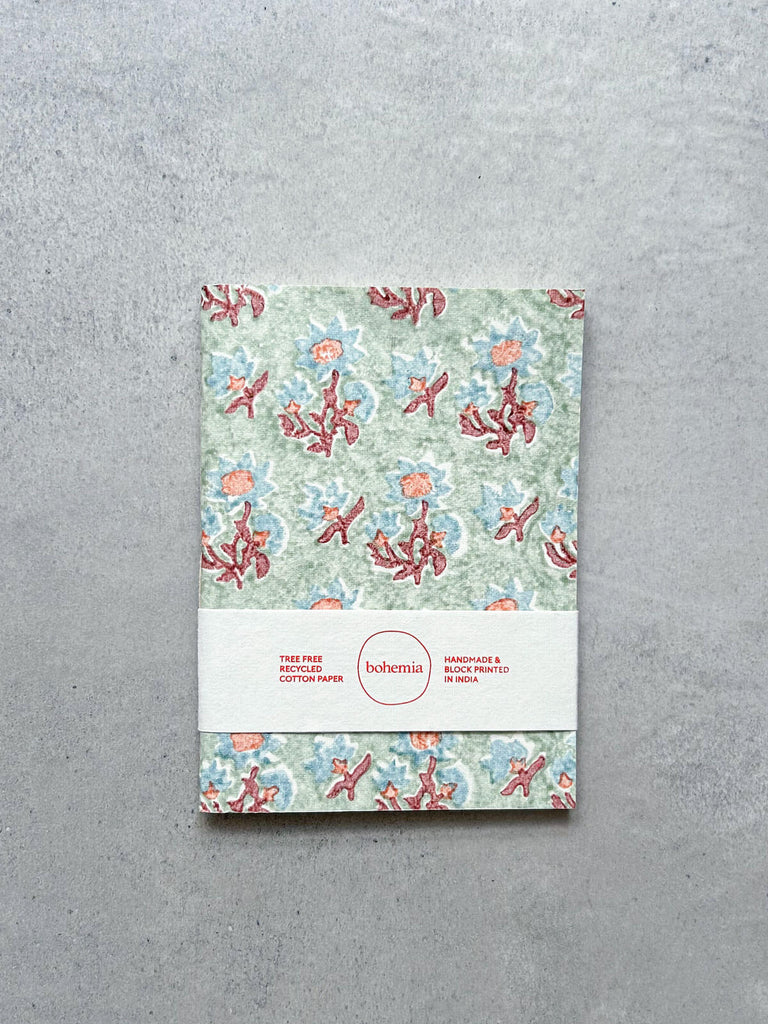 Cotton paper notebook in subtle green with a cover of hand block printed flowers, Posie by Bohemia