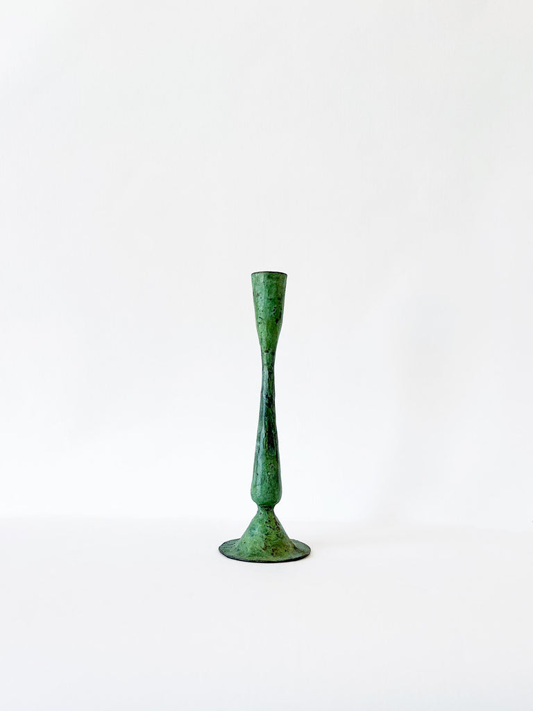 Medium antique iron candle holder in verdigris patina finish on a white background by Bohemia