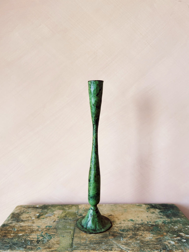 Shelley, artisan iron candle holder in verdigris patina finish, medium| BohemiaDesign