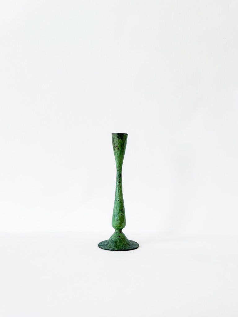 mall antique iron candle holder in verdigris patina finish on a white background by Bohemia