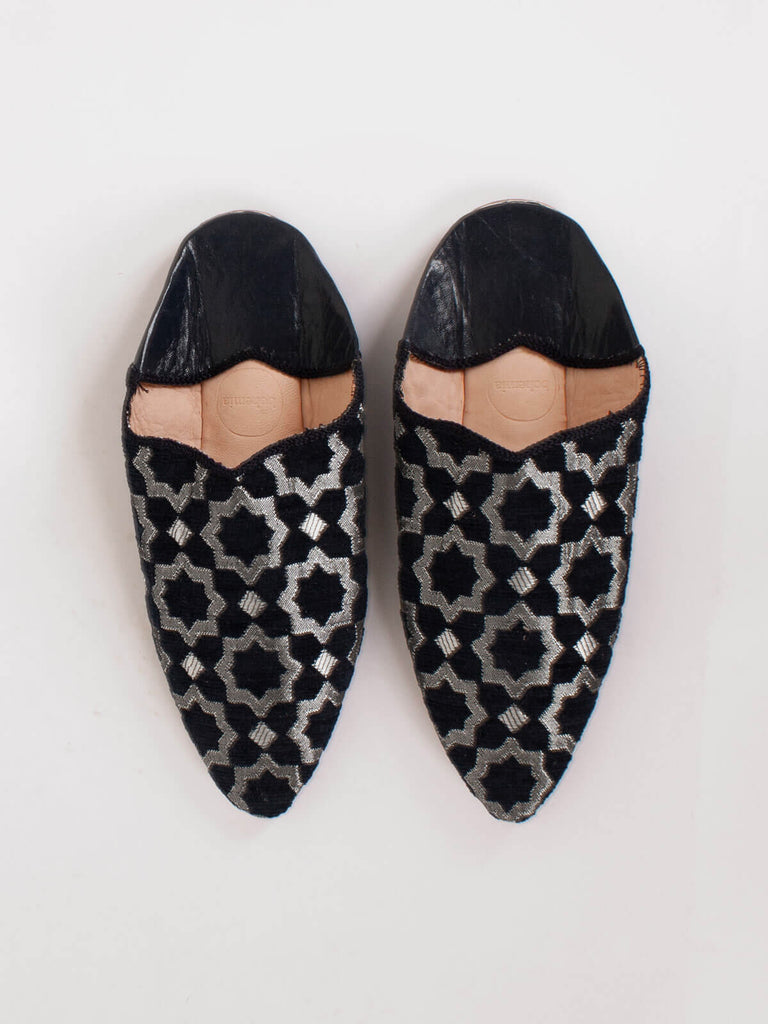 A pair of Moroccan Star Brocade Pointed Babouche Slippers in black | Bohemia Design