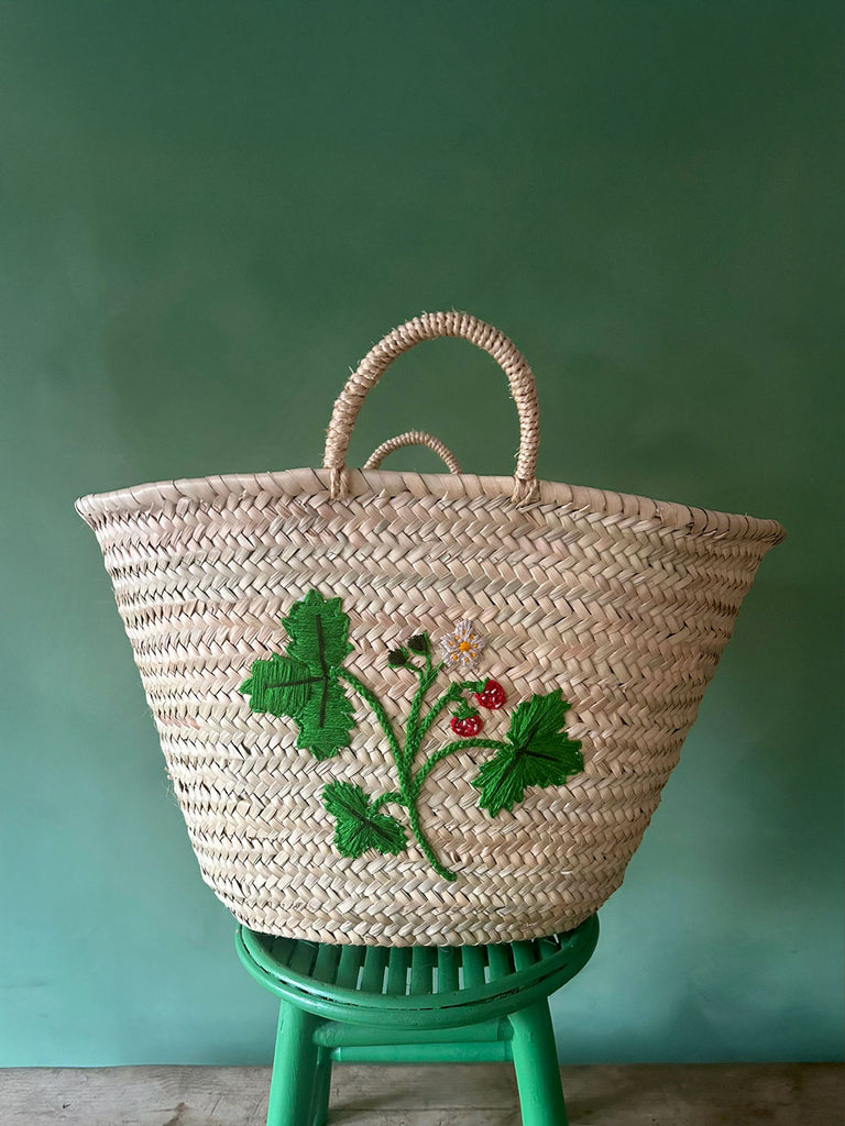 Hand-embroidered wild strawberry eco-friendly palm leaf market basket | BohemiaDesign