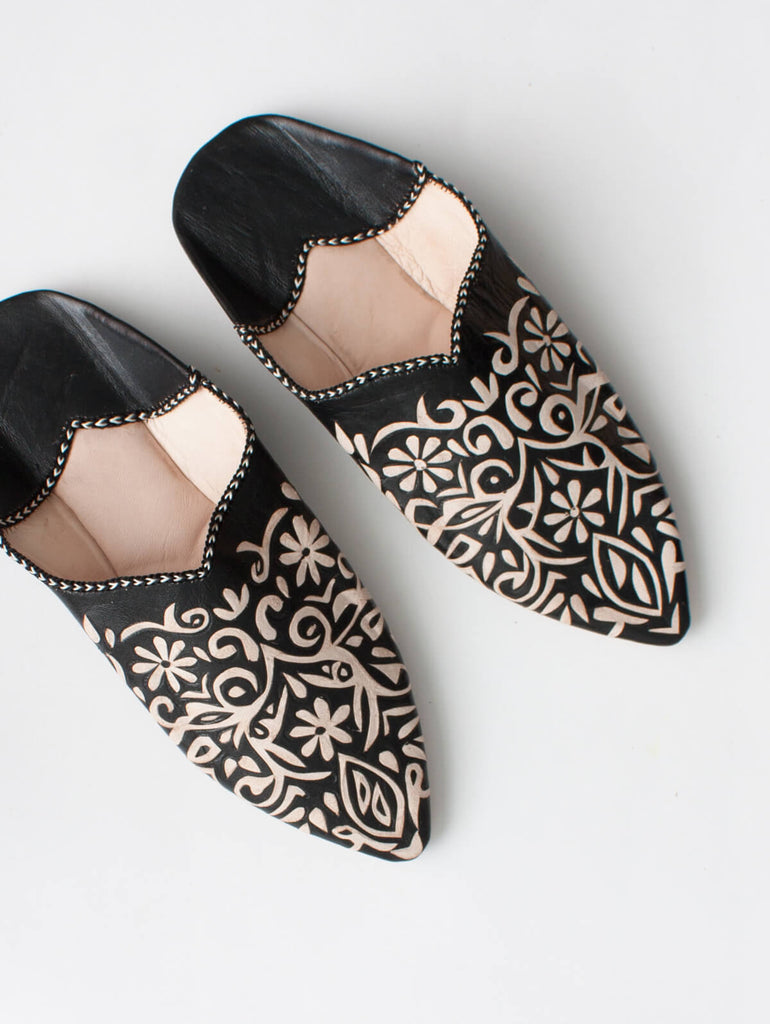 Black Moroccan Leather Women's Babouche Slippers | Bohemia Design