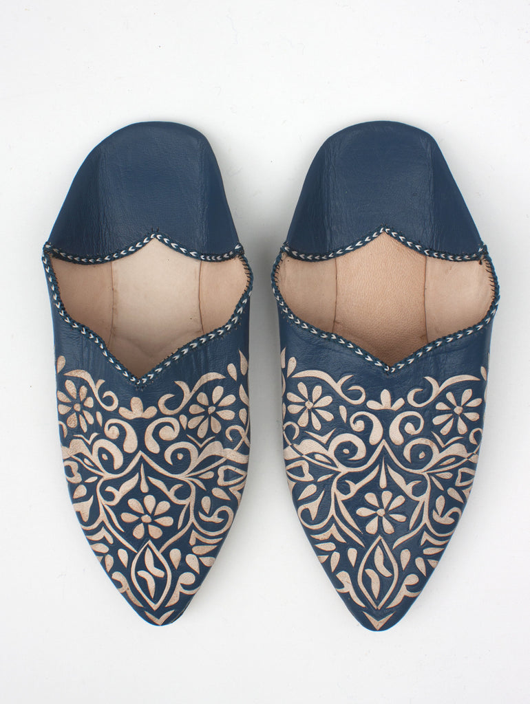 Moroccan Decorative Babouche Slippers, Indigo - Bohemia Design