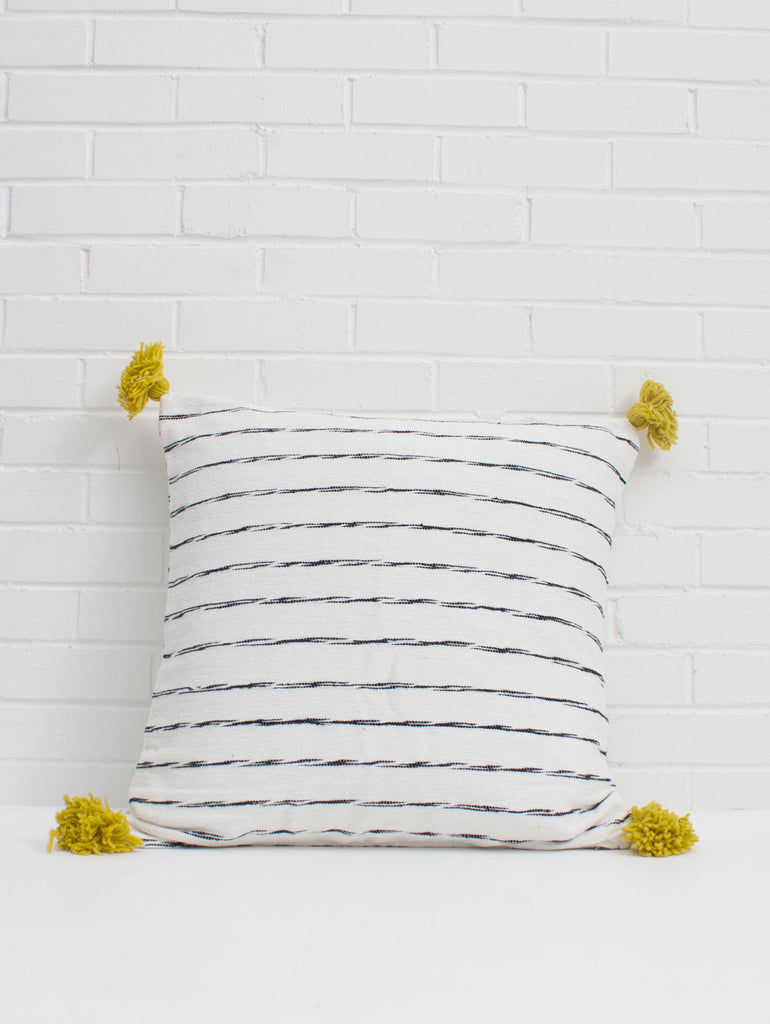 White Cotton Scribble Stripe Square Cushions, Chartreuse - Bohemia Design