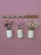 Three Mini Hanging Pots on a wooden hook filled with dried flowers